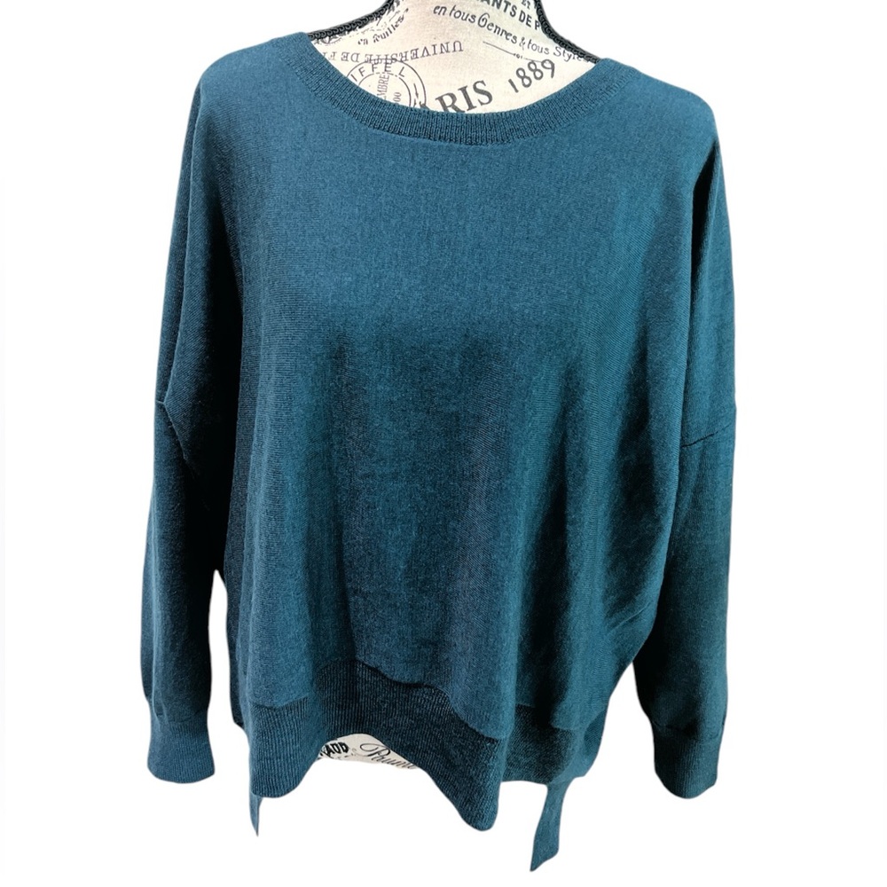 Eileen Fisher 100% merino wool high low Lagenlook green sweater Sz M